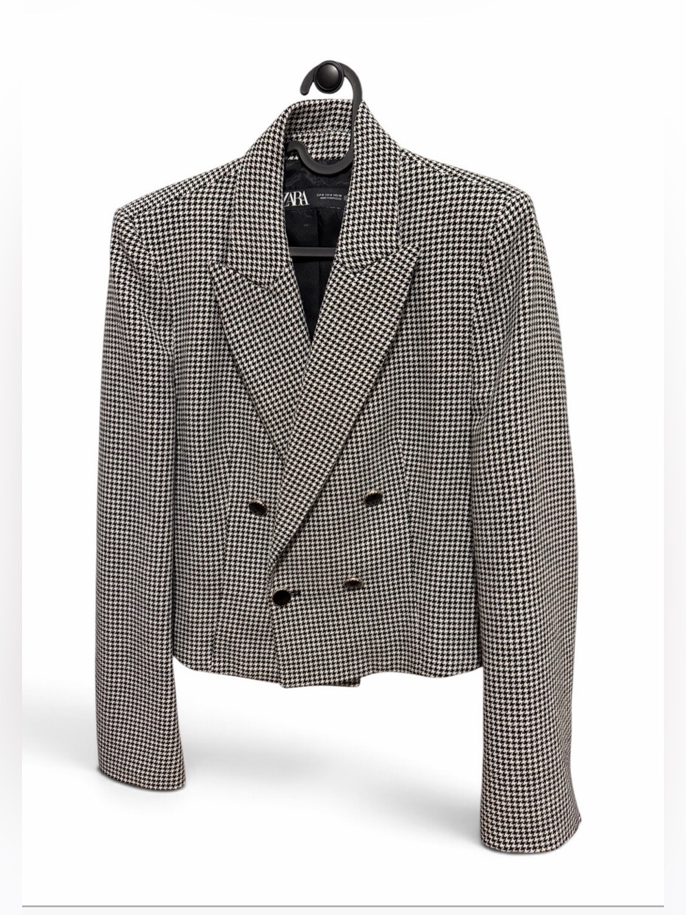 Zara Black & White Houndstooth Double-Breasted Blazer